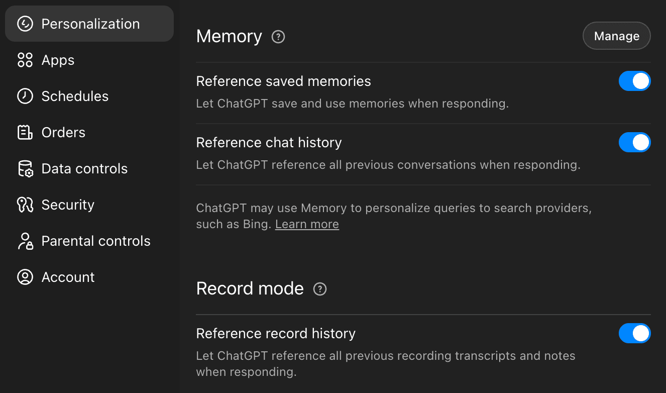 ChatGPT memory settings showing controls to manage or turn off memory.