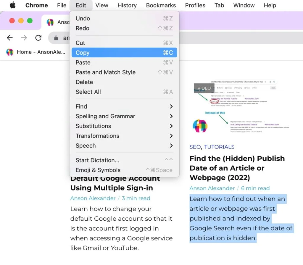 Edit Menu to Copy and Paste