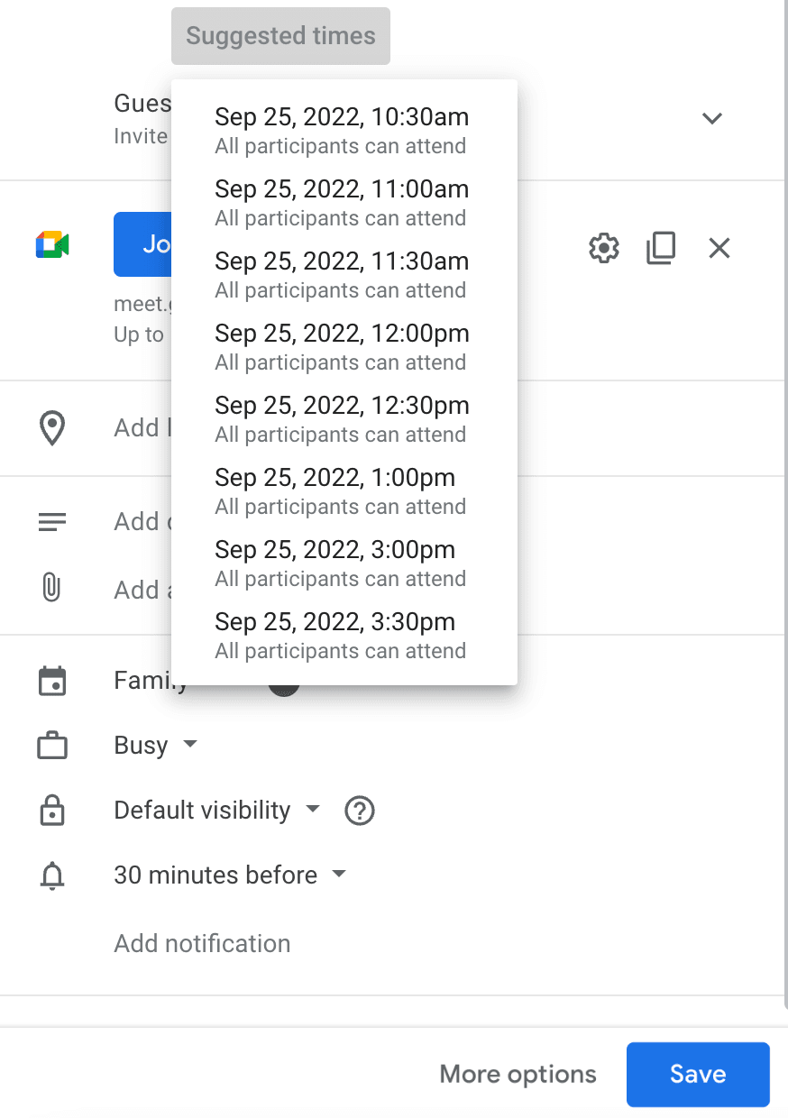 Adding guests and suggested meeting times in Google Calendar
