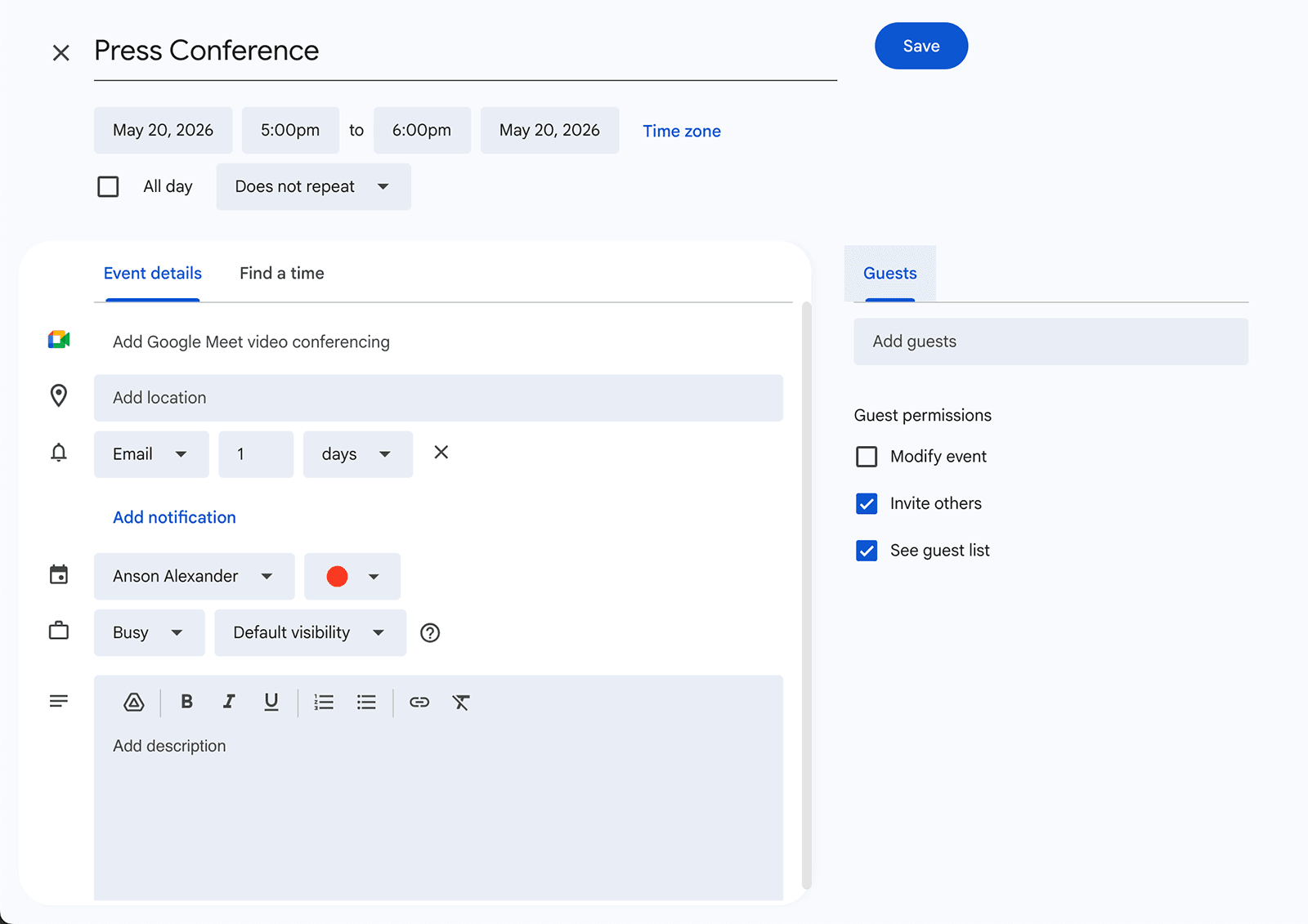 Google Calendar event details screen