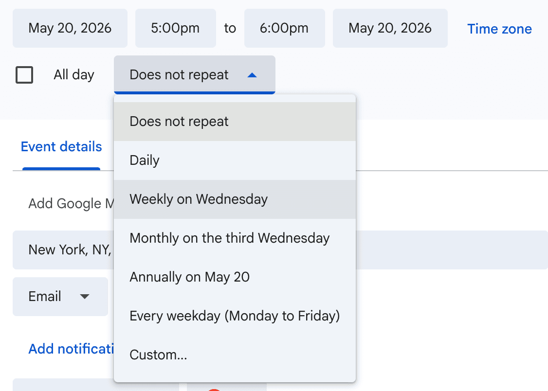 Recurring event options in Google Calendar