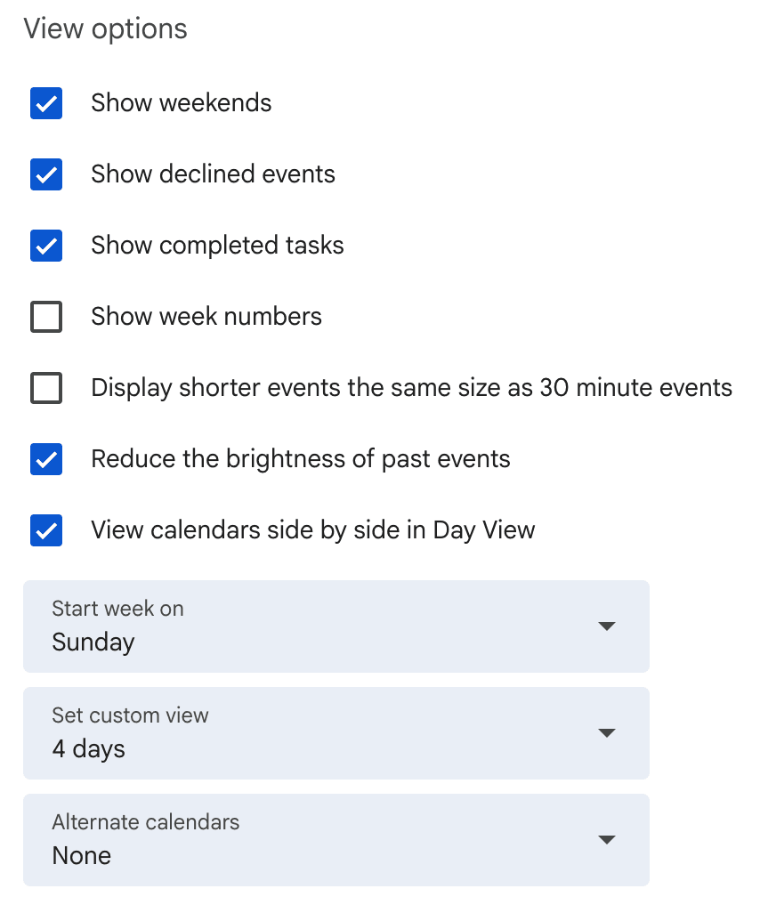 Google Calendar general settings options