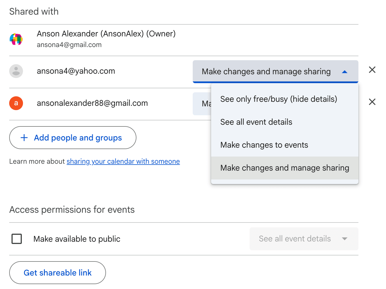 Google Calendar sharing permissions