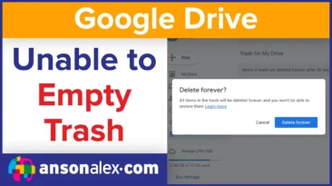 Anson Alexander troubleshooting Google Drive trash stuck on working with a red 30-day auto-delete warning icon.