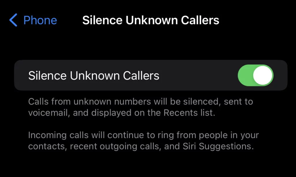iPhone Silence Unknown Callers