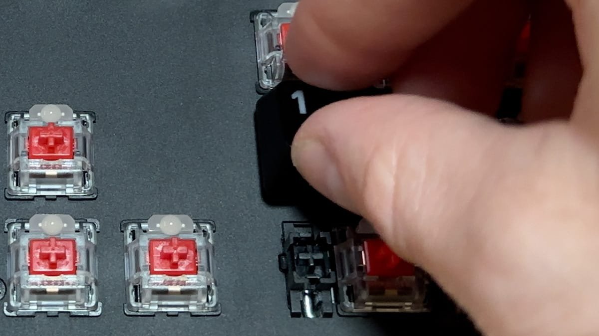 Keycaps being reinstalled onto a mechanical keyboard after cleaning