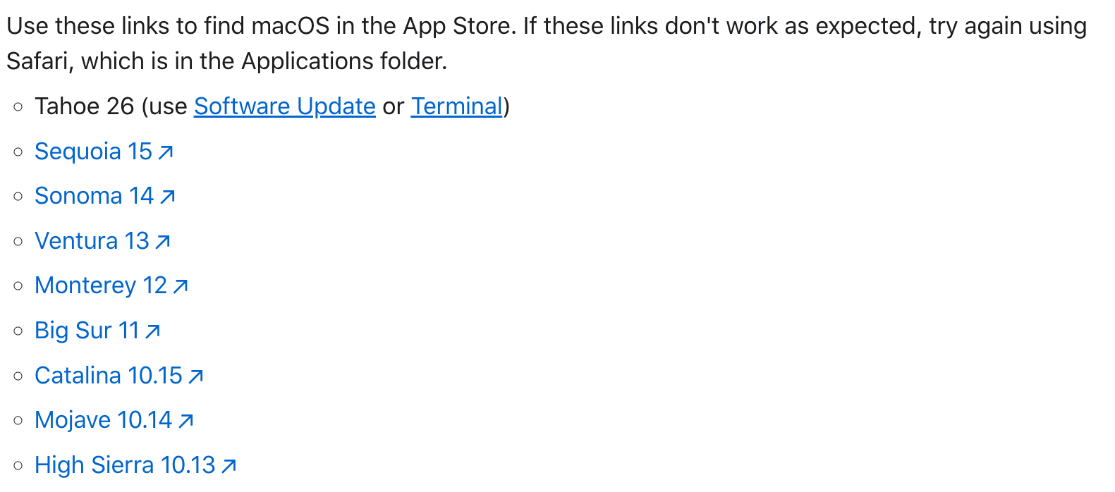 Apple Support macOS download page