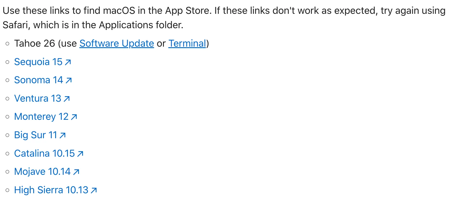 Apple Support macOS download page