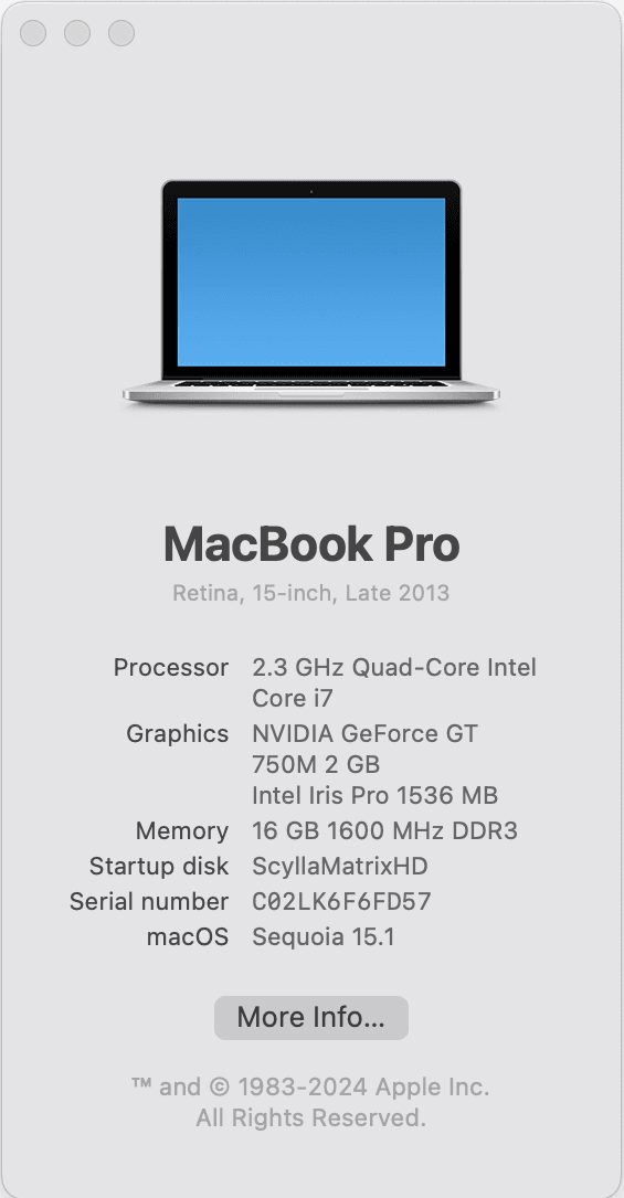 About This Mac showing Mac model and serial number