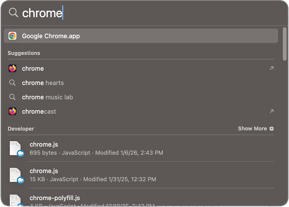 macOS beginner guide screenshot: Spotlight search example showing results for an app and a file on macOS