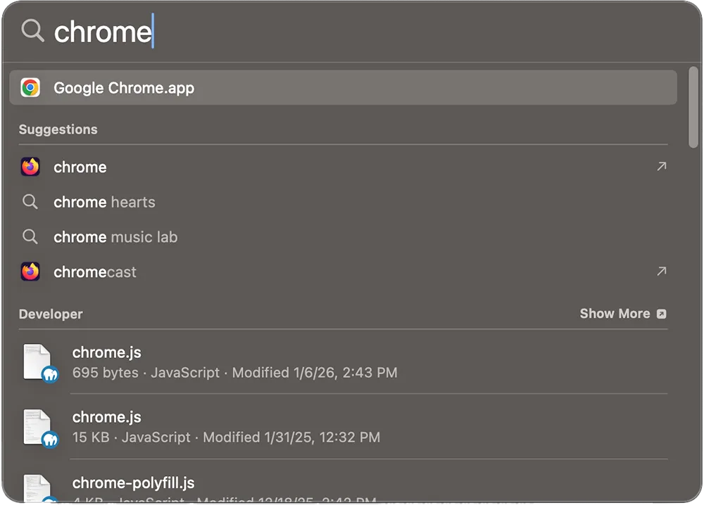 macOS beginner guide screenshot: Spotlight search example showing results for an app and a file on macOS
