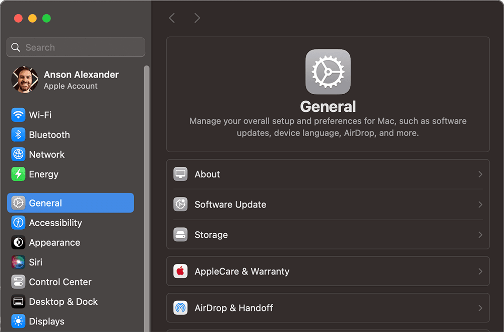 macOS beginner guide screenshot: System Settings overview showing the sidebar categories like General, Desktop & Dock, and Privacy & Security