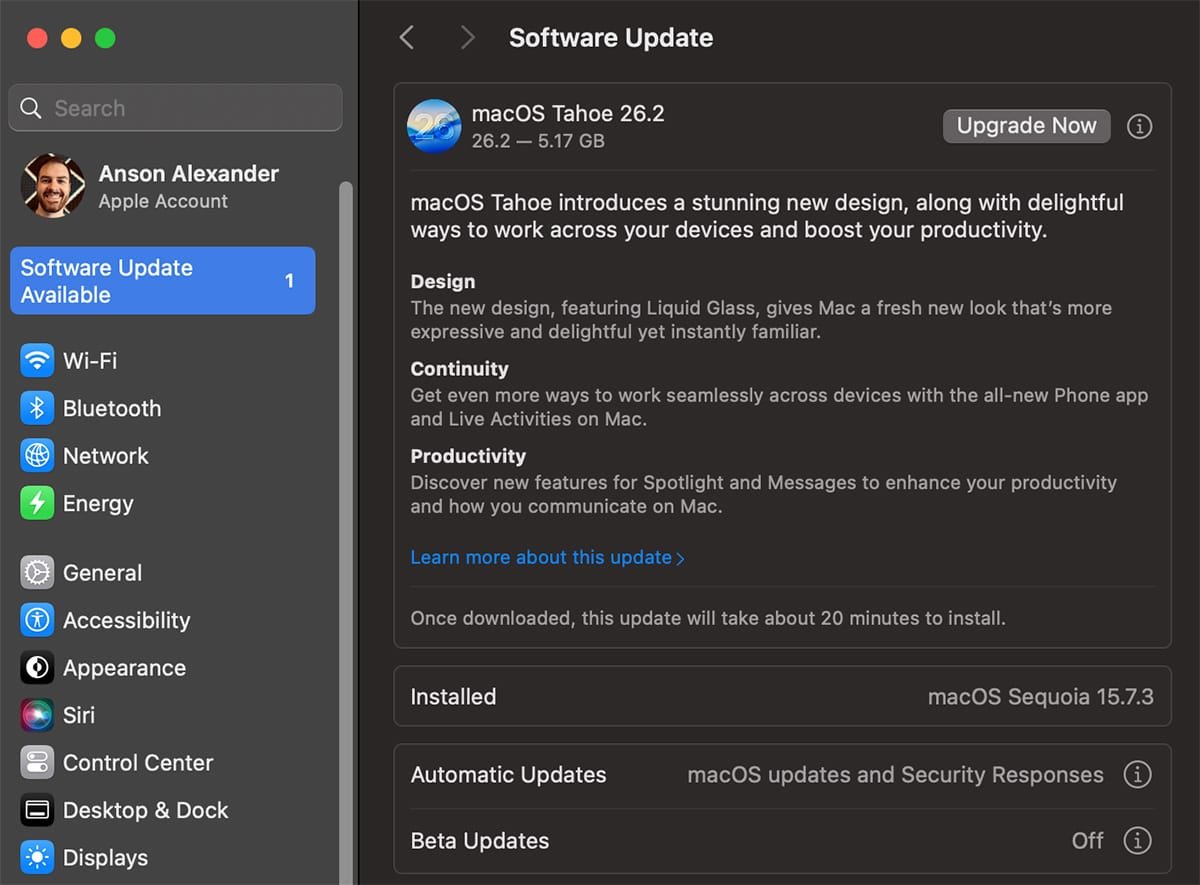 macOS Software Update screen showing an available upgrade option in System Settings