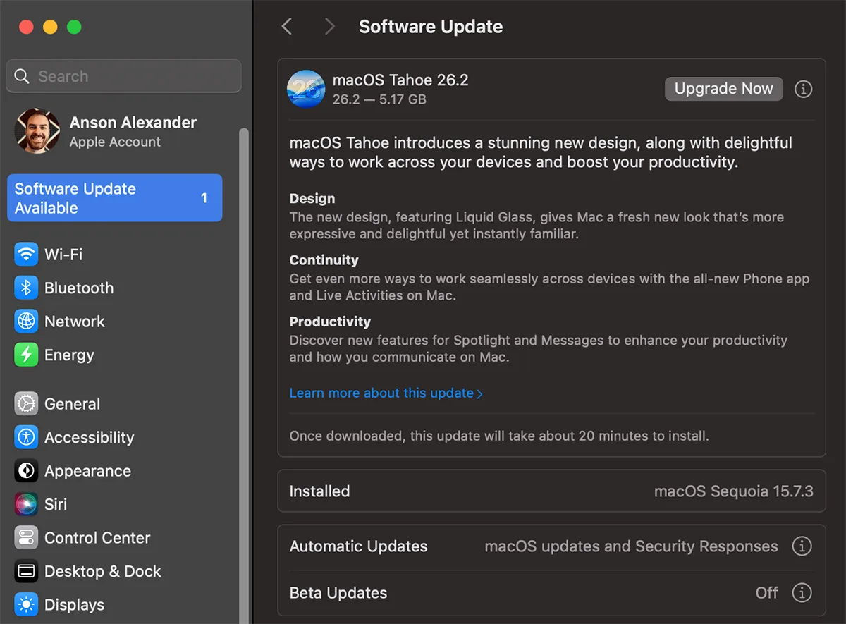 macOS Software Update screen showing an available upgrade option in System Settings