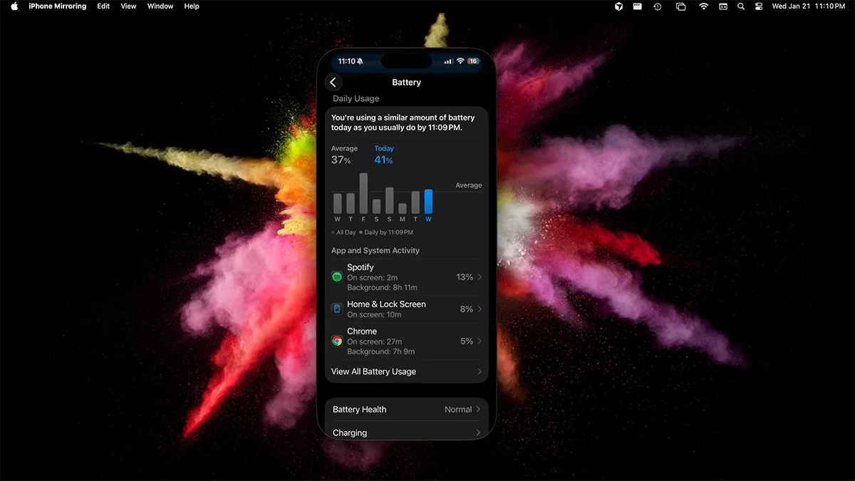 Mac desktop showing iPhone Mirroring with an iPhone app mirrored on screen
