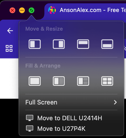 macOS beginner guide screenshot: green window button showing tile/split options for arranging windows