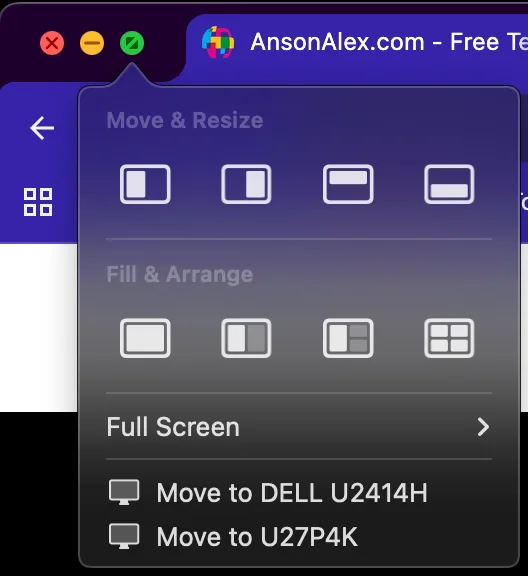 macOS beginner guide screenshot: green window button showing tile/split options for arranging windows