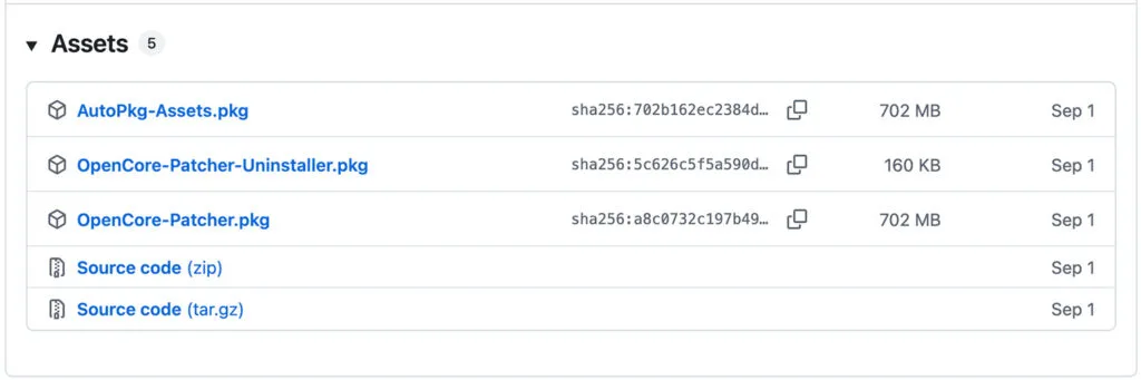 OpenCore Legacy Patcher GitHub release page showing the OpenCorePatcherGUI.app.zip download for installing macOS Sequoia on an unsupported Mac