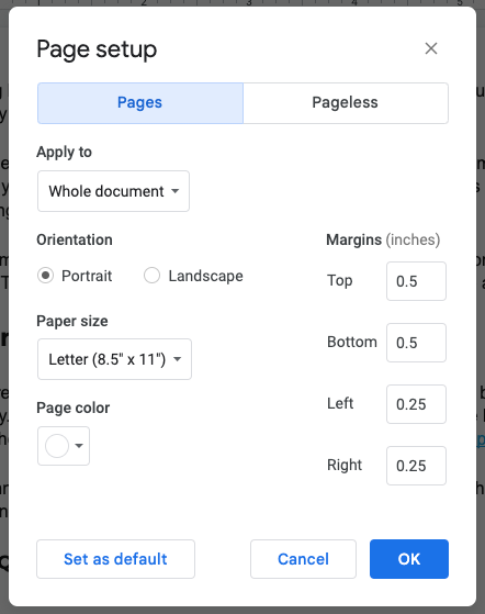 Margins in Page Setup Google Docs