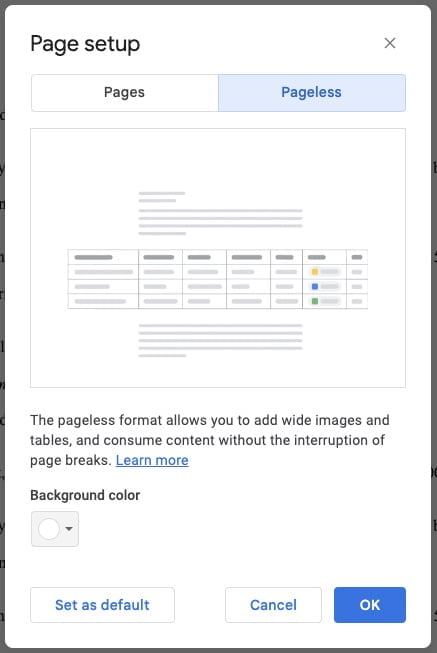 Pageless Setup Google Docs