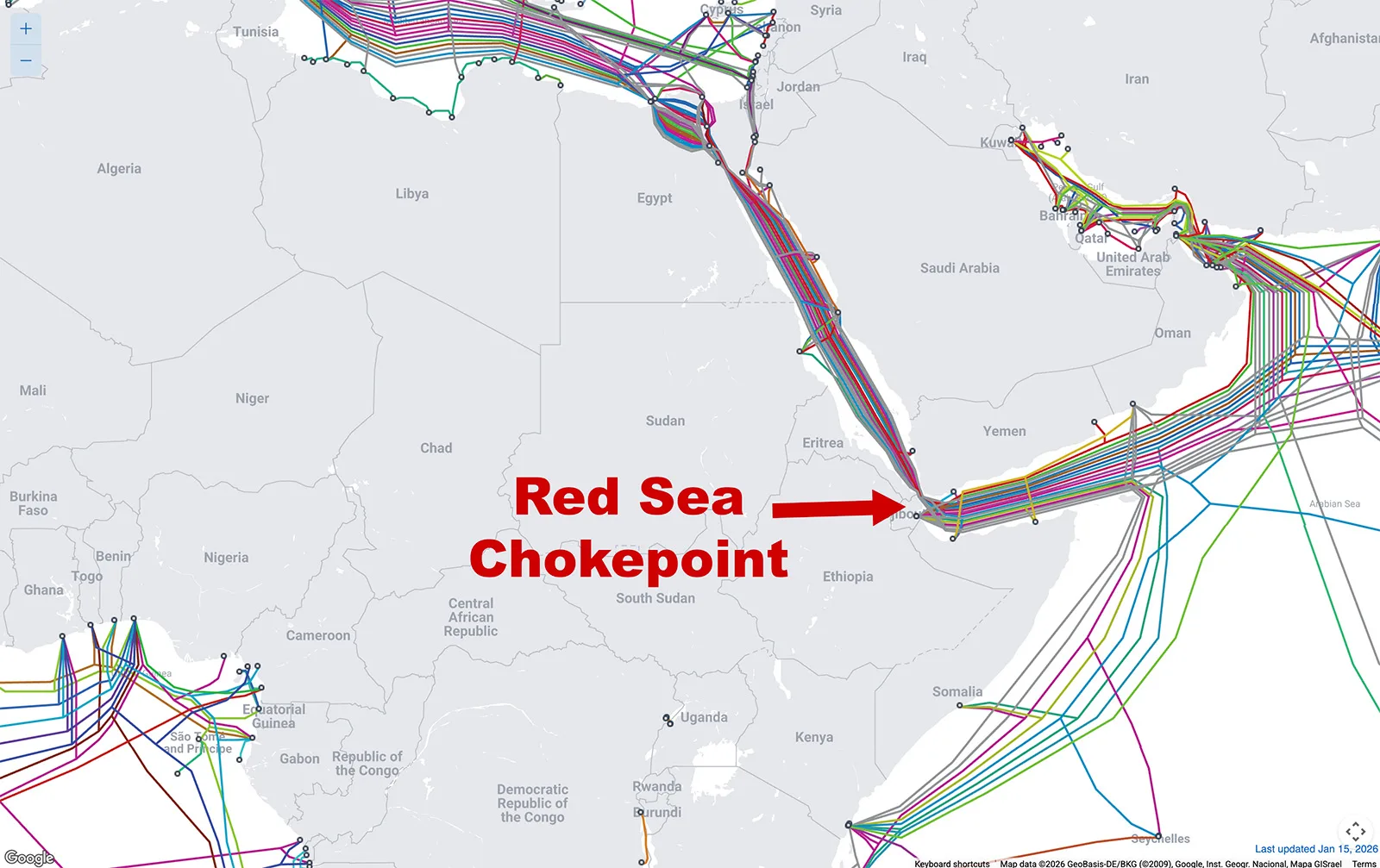 Map showing the Red Sea as a major internet cable chokepoint with dense undersea connections