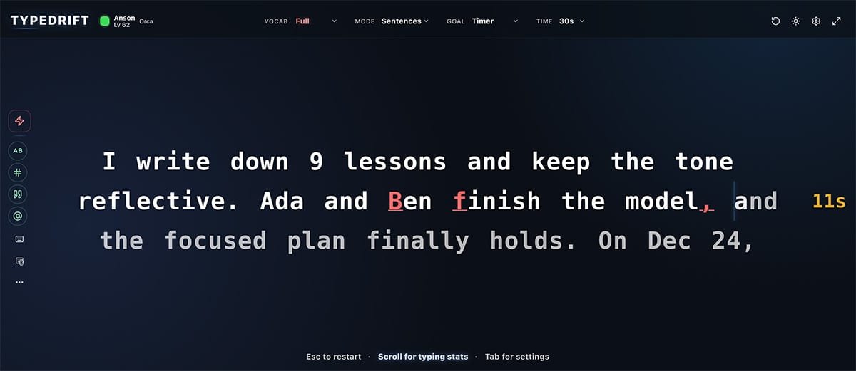 TypeDrift typing practice interface showing real-time accuracy and speed feedback