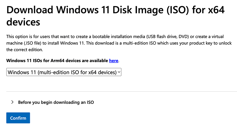 Microsoft Windows 11 download page showing the Windows 11 disk image ISO option for x64 devices