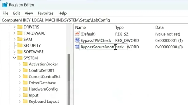 Windows 11 Setup registry editor showing the LabConfig key with BypassTPMCheck and BypassSecureBootCheck DWORD values set to 1