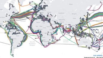 World internet cable map showing global undersea internet connections