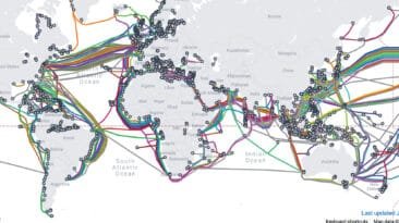 World internet cable map showing global undersea internet connections