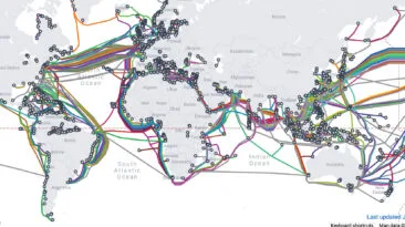 World internet cable map showing global undersea internet connections
